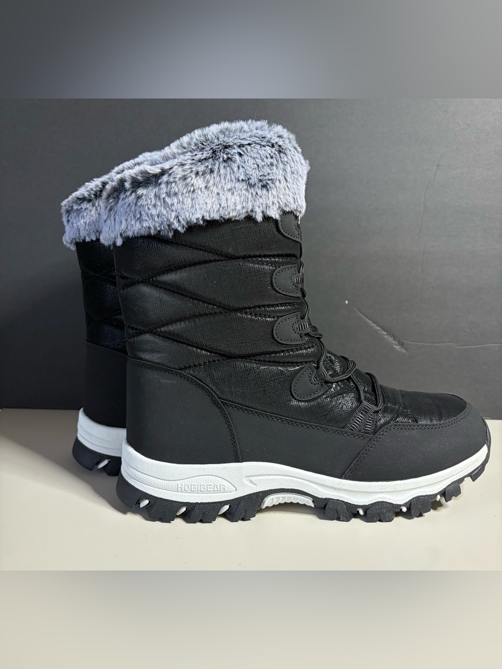 Women’s Black Winter Lace-Up Snow Boots with Gray Faux Fur Cuff